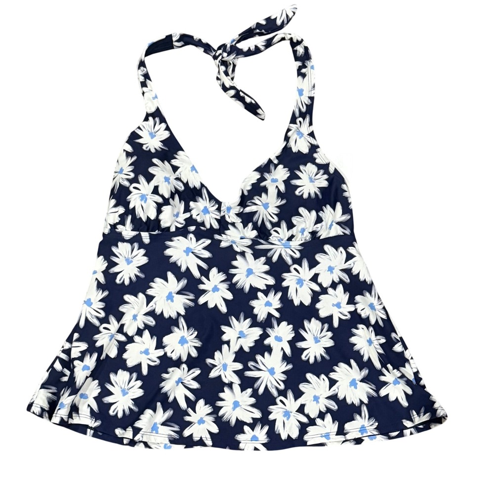 Lands End Womens Navy Blue White Daisy Floral Halter Tankini Swim Top Small NWT